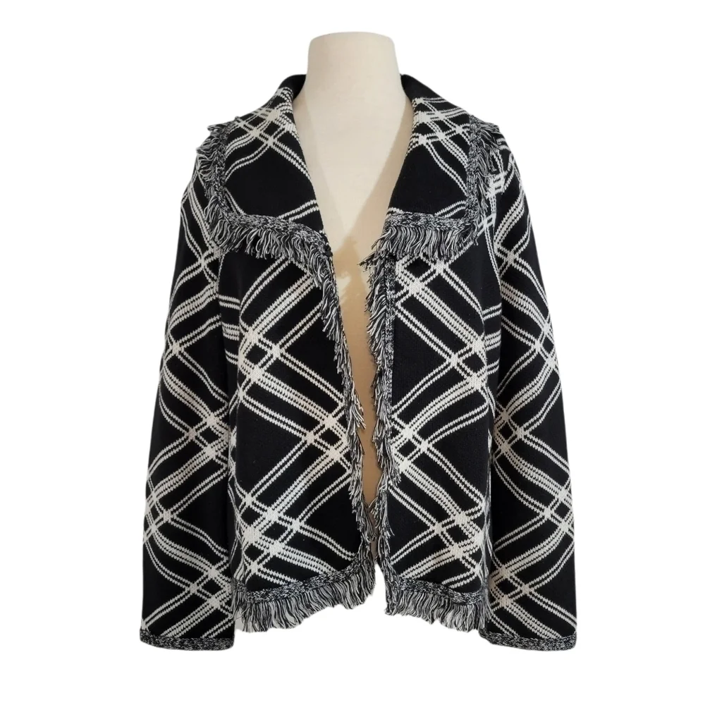 Chico's Black & White Diamond Plaid Fringe Sweater Jacket
